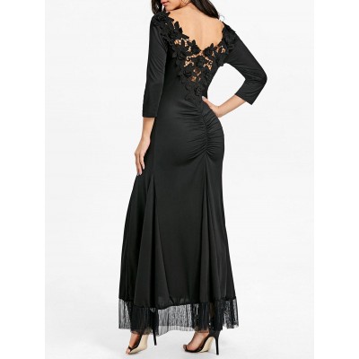 Backless Back Ruched Lace Dress - Black
